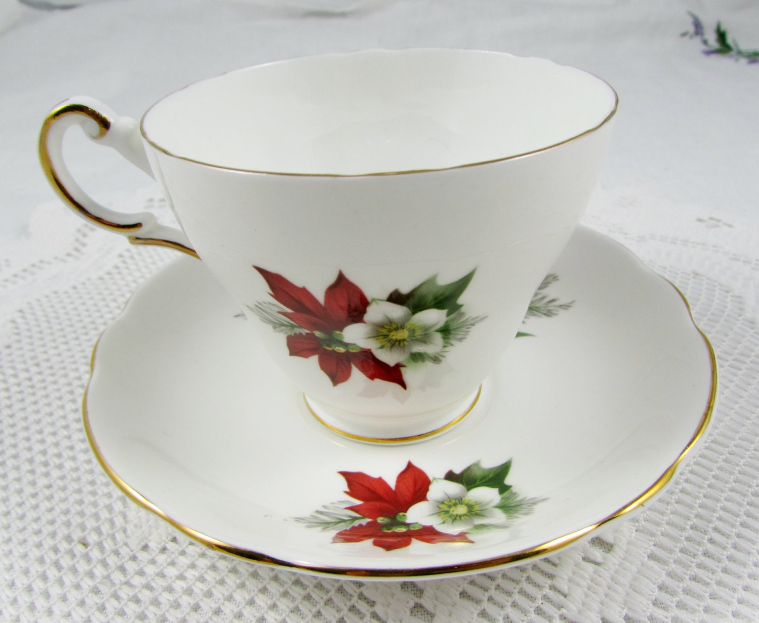 Regency Poinsettia Christmas Tea Cup and Saucer Christmas