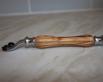 Mach3 Wooden Razor handle, Olive wood, Hand Turned with Chrome fittings