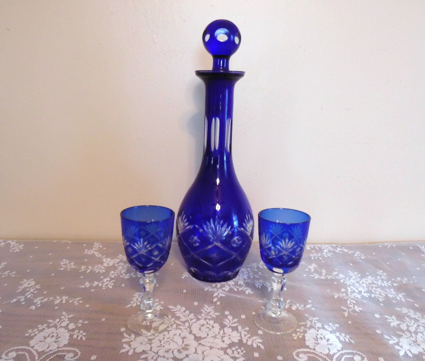 Cobalt Blue Crystal Cut Glass Decanter Cordial Serving Set 4651