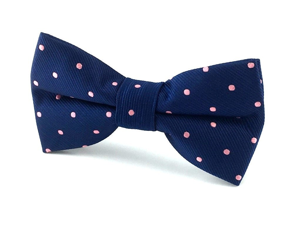 Mens Navy Blue Pink Polka Dots Bow Tie. Pre-Tied Bow Necktie