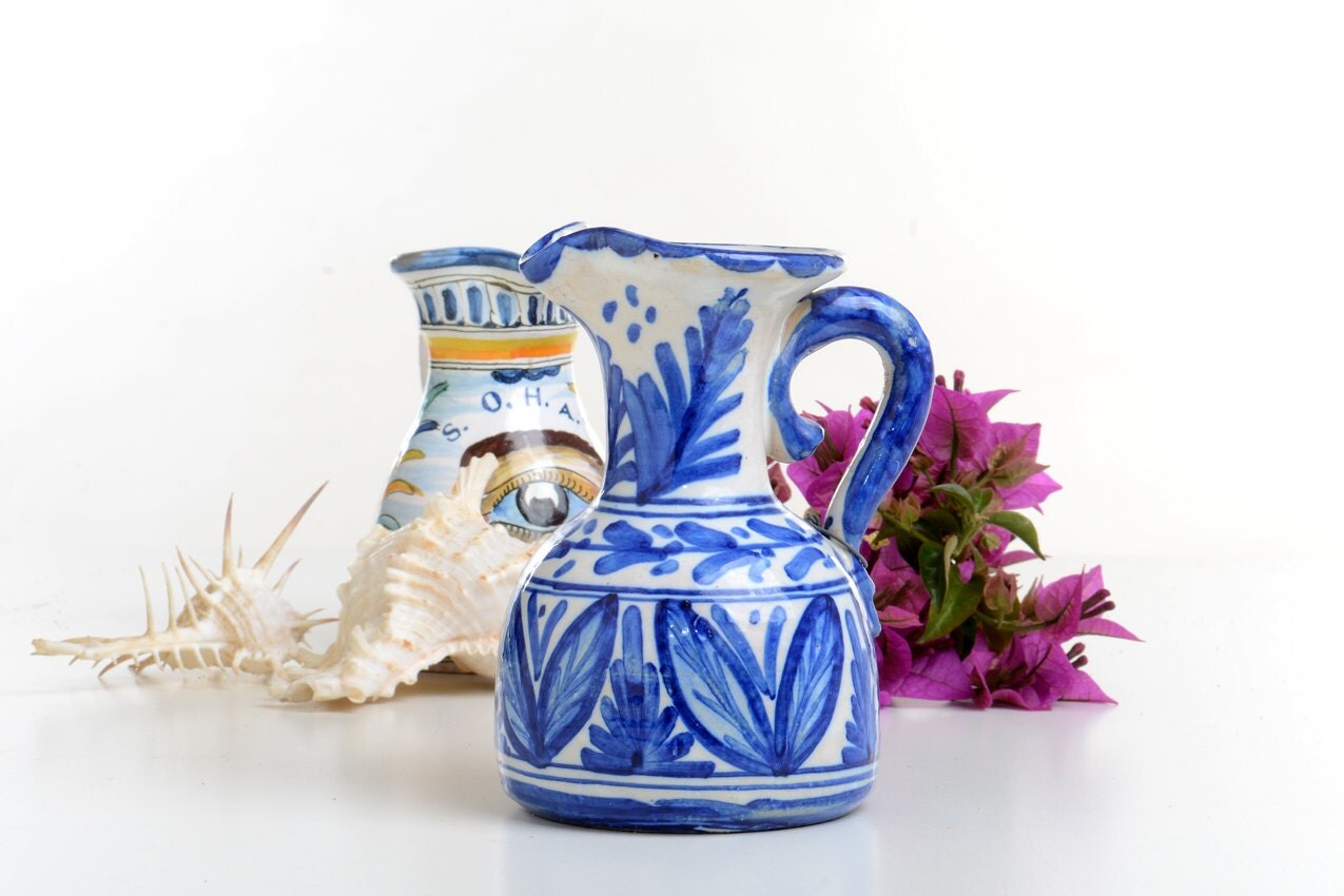Ceramic vase vintage Spanish pottery vasepitcher blue