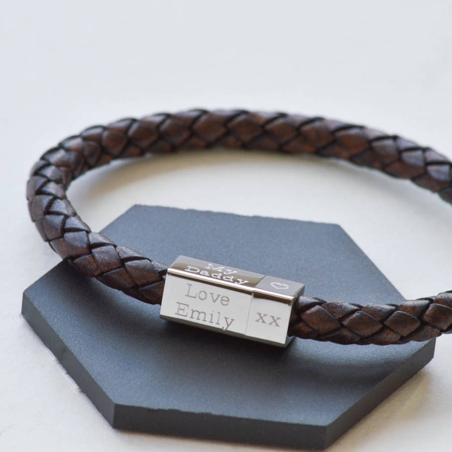 Mens Square Leather Engraved Bracelet men's custom