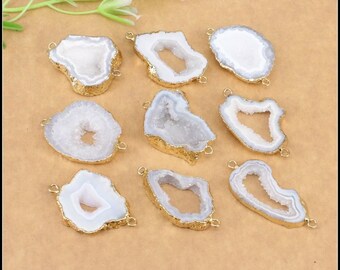 5pcs Druzy Geode Agate Slice Connectors ,Gold Plated Edge Geode agate Pendant in White color, For Making Jewelry