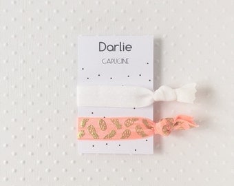Set of 2 hair elastic "Capucine" / glittery white - corail with golden pineapple