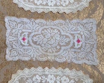 Set of 3 Vintage Filet Crochet Doilies Filet Lace - from late 1800's