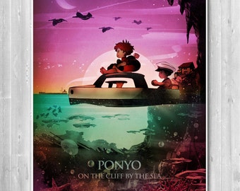 Ponyo anime poster, Studio Ghibli, illustration, Japanese art print, minimalist movie, Home decor, Office room
