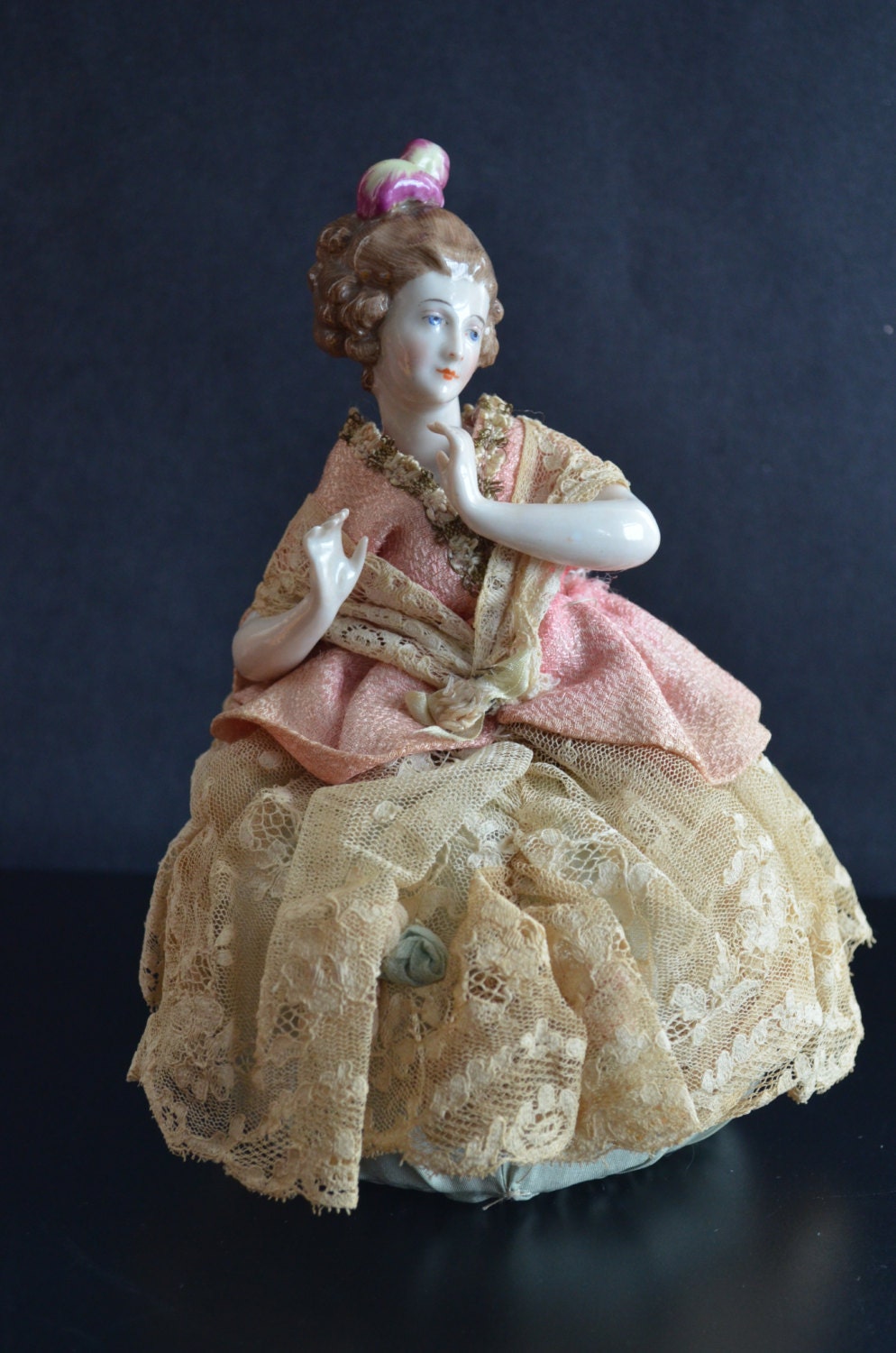 Antique Half Doll Large German Porcelain Pin Cushion Lady