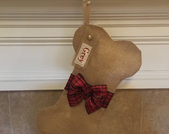 Christmas Stocking for Dogs - Personalized Christmas Stocking for Dogs - Burlap Bone Shaped Stocking