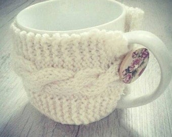 Handmade knitted gift cable cup cosy coffe sleeve