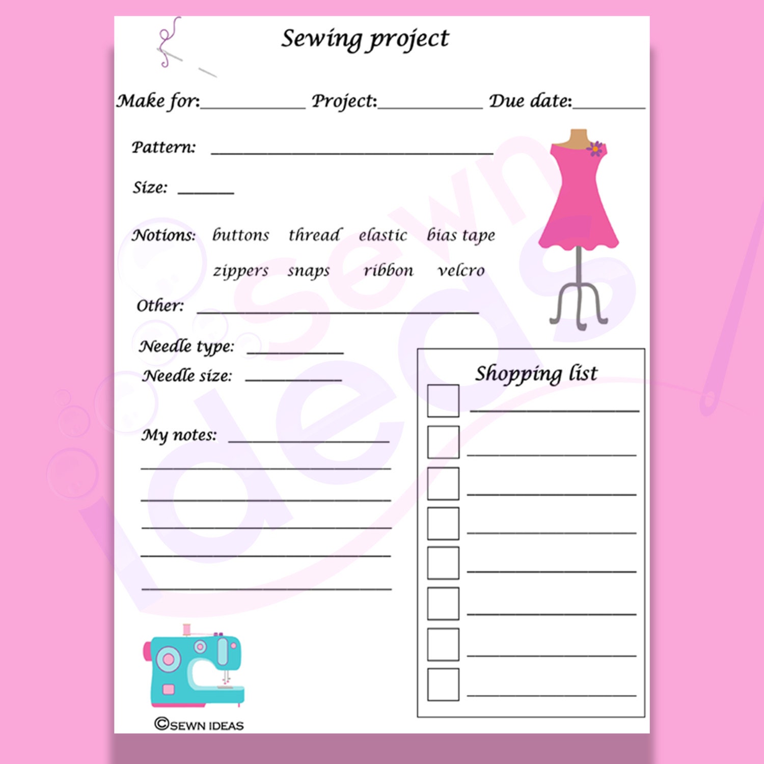 Printable Sewing Project Planner PDF Sewing Planner Craft