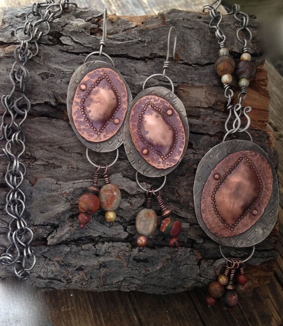 Mixed metal hand rustic earrings and necklace set with