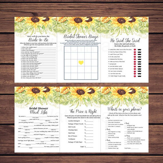 Sunflower Bridal Shower Games Package, Printable Sunflowers Floral Sunny Sunflowers He Said She