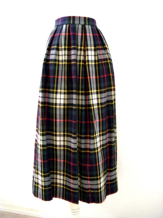 80s 90s Vintage Plaid Skirt Navy Blue and Green Long Plaid