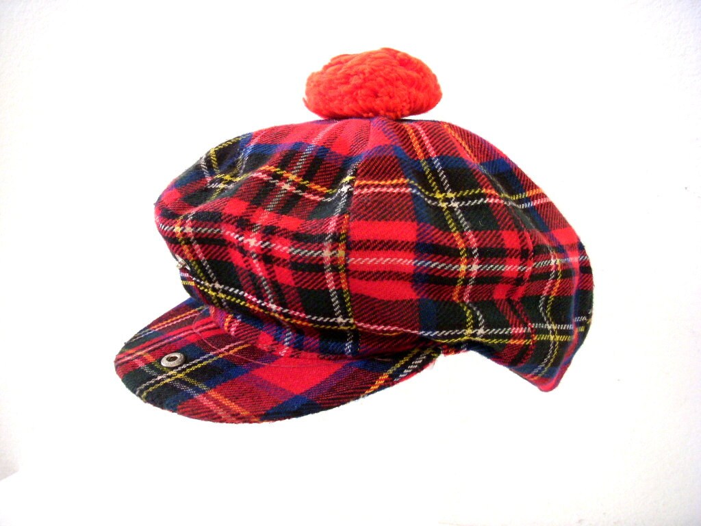 Vintage RED Plaid Newsboy Hat with Pom Pom 60s Red Plaid