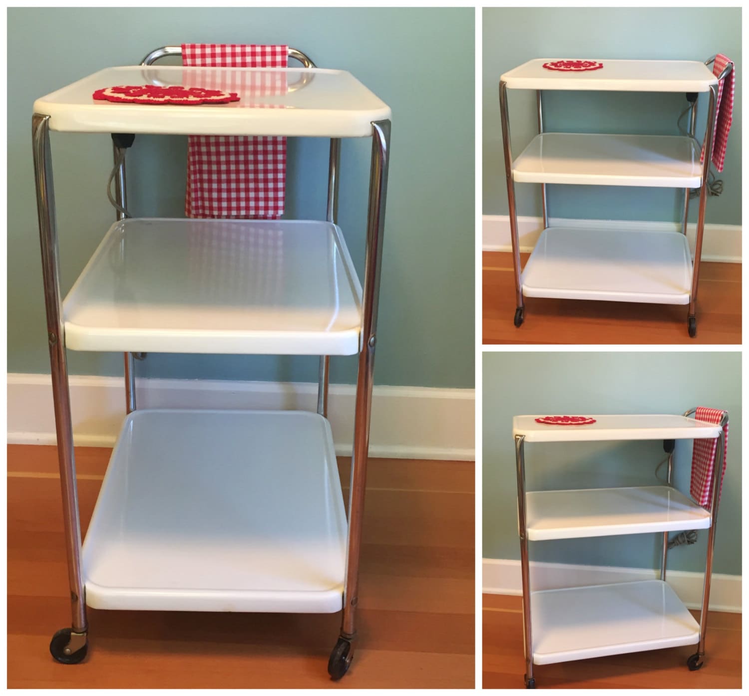 Vintage Mid Century White Bar Cart Retro ELECTRIC Serving