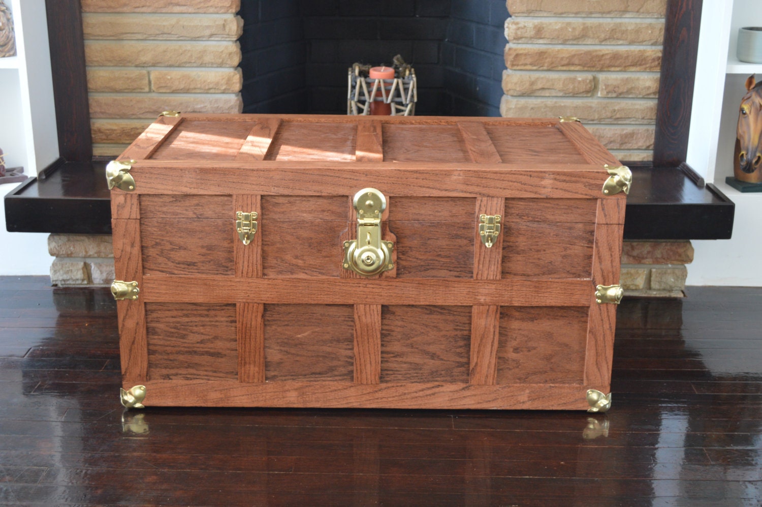 Handmade Solid Oak Steamer Trunk with Brass Hardware and