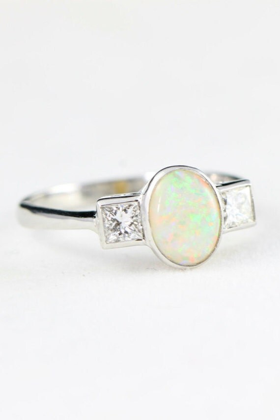 Opal princess diamond engagement art deco style ring in 18