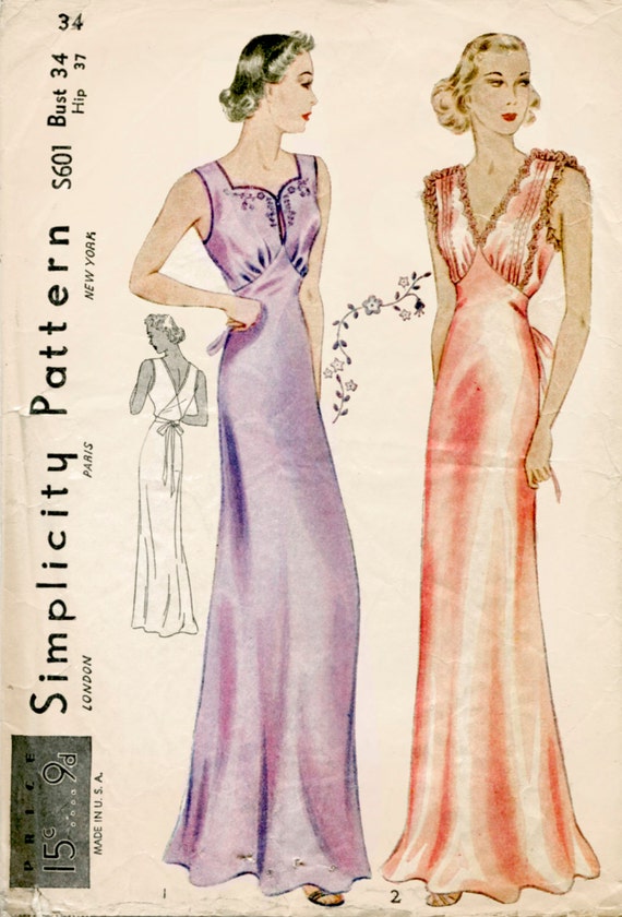 1930s 30s vintage lingerie sewing pattern gown negligee Bust