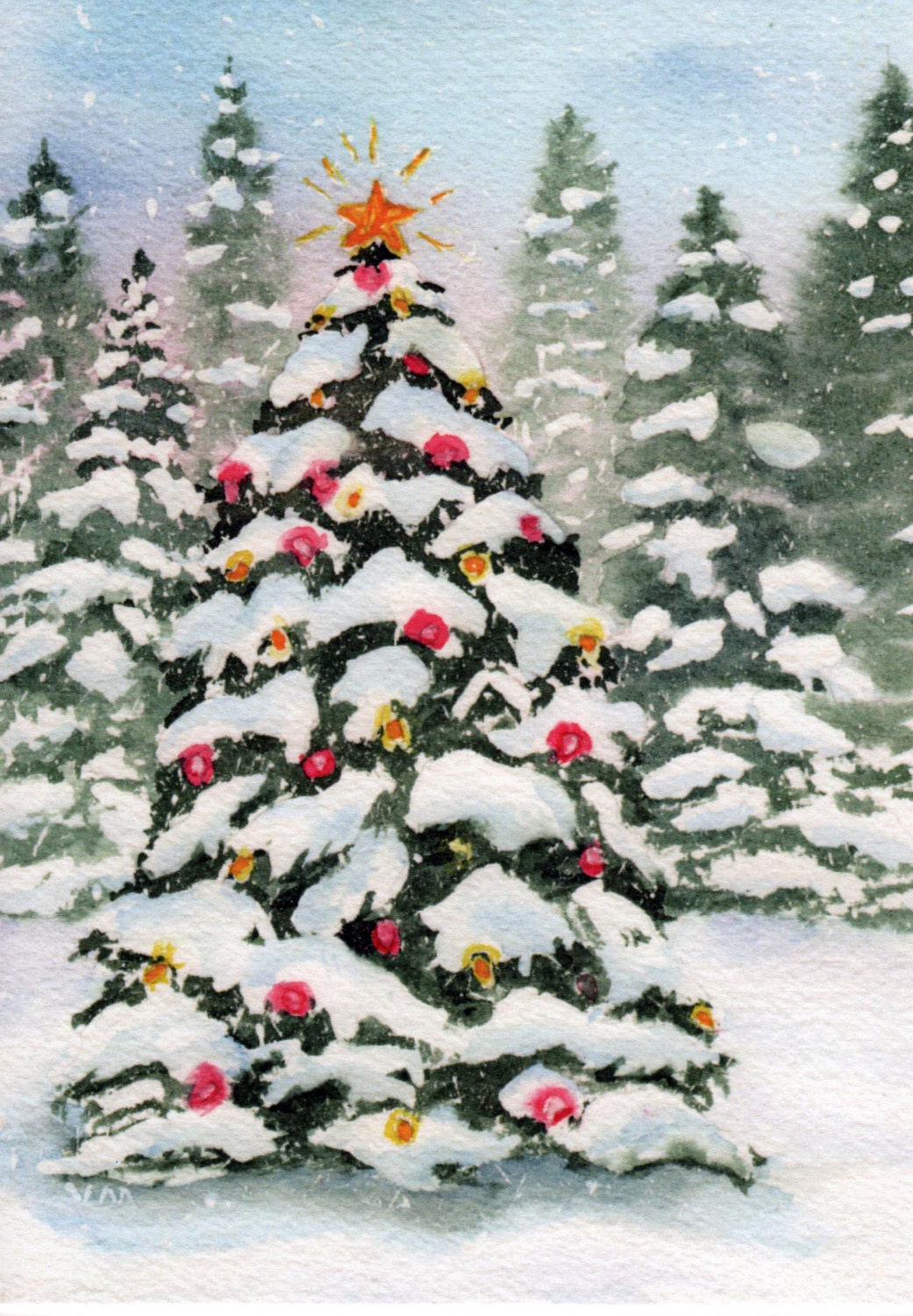 Christmas Tree Watercolor Card. Original watercolor