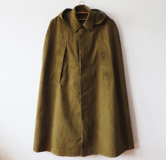 Vintage 60s Soviet Army Cape Khaki Military RainCoat USSR