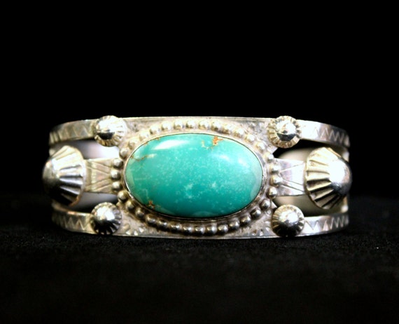 Sterling Turquoise Cuff Bracelet. Signed by unknown artist. circa 1968, 29g, 6.5in