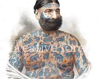 Tattooed Man, Captain Costentenus Vintage Tattoo Reproduction CANVAS PRINT 24x32 in.