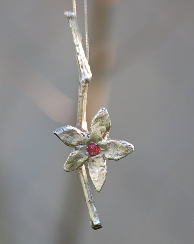 Artisan Flower And Twig Necklace Sterling Silver And Garnet