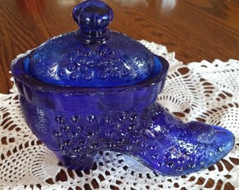 Blue Hobnail Glass Boot,Cobalt Blue,Lidded Glass Shoe.Granny Boot,3 inch tall x 5 1/2 long,Hobnail Glass,Trinket Dish,Ring Dish,Vintage Boot