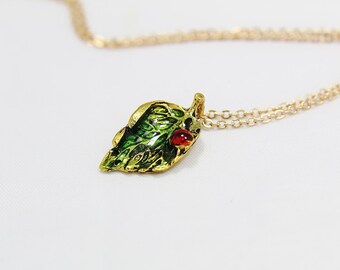 Personalized Gold Charm Necklace, Gold Leaf with Lady Red Bug Pendant Necklace, Lady Bug Necklace, Leaf Necklace, Woodland Jewelry