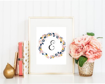 Letter E, Printable Art, Wall Decor, Wall Art Print, Monogram Art, Instant Download, Floral Wreath, Wall print, Wall Decor, Wall Art prints.