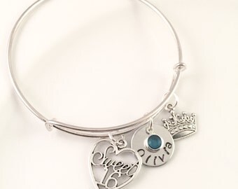Sweet 16 Bangle Bracelet, Personalized 16th Bracelet, Sweet 16 charm, Adjustable bangle bracelet, Princess crown elegant bracelet