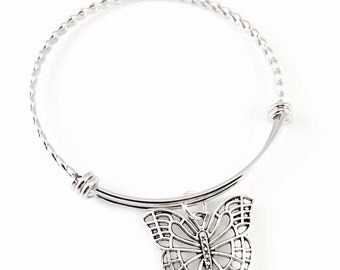Butterfly Bracelet, Filigree Butterfly Charm bracelet, Friend Bracelet, Braided Bangle Bracelet, Large butterfly charm antique silver