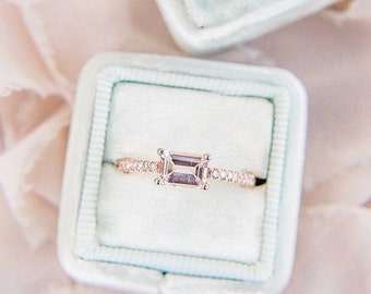 Rose Gold Morganite Emerald Cut Engagement Ring, Diamond, Rectangle Shape Morganite Ring