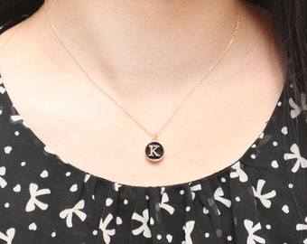 Black Round Initial Necklace, Alphabet Necklace, Custom Necklace, Letter Necklace, Cute Gift, Gold Plated Necklace, Simple Necklace