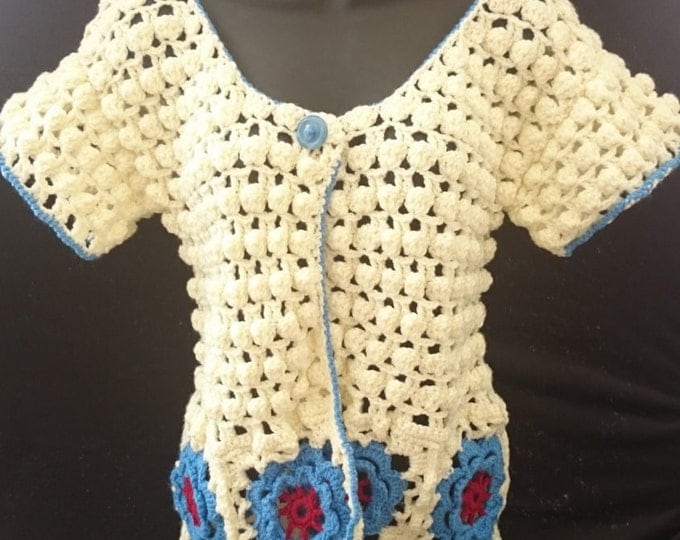 Handmade Short Sleeved Crochet Cardigan in Red, Green, White or Red, Blue, White, Gift For her Ready to Ship Woman Gift Idea crochet sweater