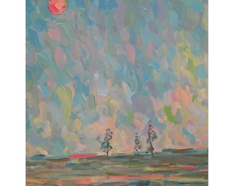 Nature Evening Sky Original Oil Painting Landscape Field Spring Picture Soft Pastel color Interior Decor Abstract Art Study Plein Air Panel