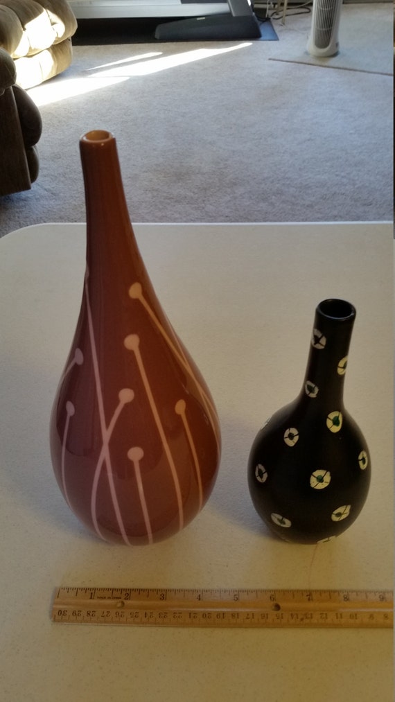 2 vintage vases narrow neck porcelain ceramic slim bottle