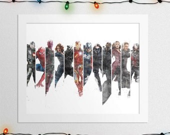 CAPTAIN AMERICA Civil War Print, Iron Man, Black Panther, Spiderman, Black Widow, Hawkeye, Falcon, Winter Soldier, Watercolor, Digital File