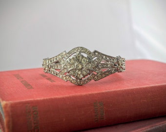 Vintage Rhinestone Clamper Bracelet - Art Deco Silver Tone Hinged Bracelet - Retro Diamante Jewelry - Sparkly Pave Cuff - Bridal Bracelet