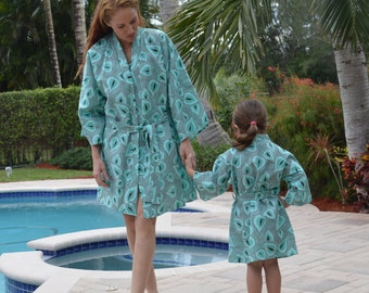 Mommy & me custom kimono robe "Exotic Leaves of Paradise" Reveal Couture International Super Seller