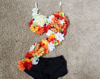 Orange Red White Flower Butterfly RAVE Summer Festival Outfit