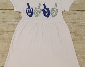 Girls' Hanukkah Blue and Silver Glitter Dreidel Dress