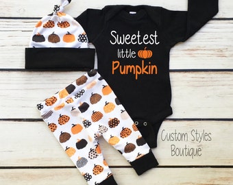 Baby Boys First Halloween Outfit, Black Infant Bodysuit, Leggings And Hat With Pumpkins, Baby Boy Halloween Outfit Set