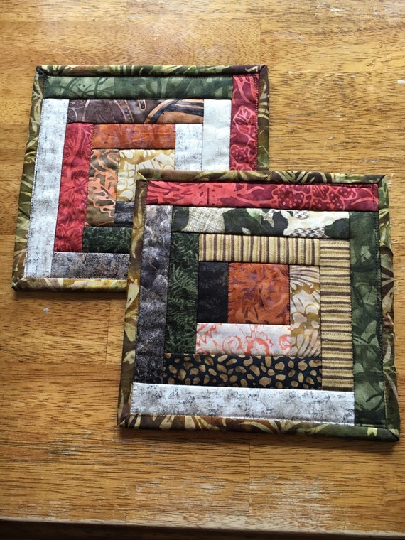 Quilted Mug Rug Set Scrappy Log Cabin Ready to Ship Quiltsy