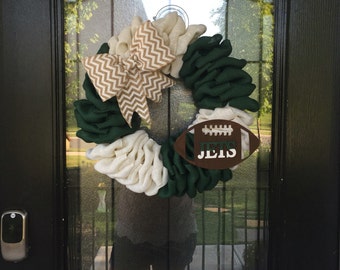 Burlap Wreath green and white burlap; NY JETS Football wreath, everyday wreath