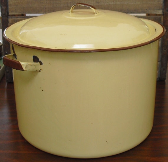 Yellow Enamel Stock Pot & Lid Yellow Enamelware by AgsVintageCove