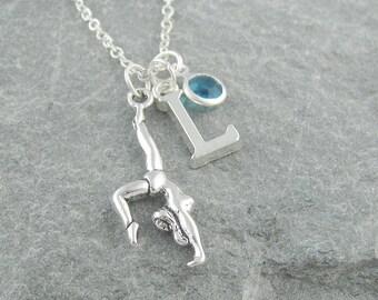 Gymnastics necklace, silver gymnast, personalized jewelry, initial necklace, swarovski birthstone, gift for her, gift for gymnast, sports