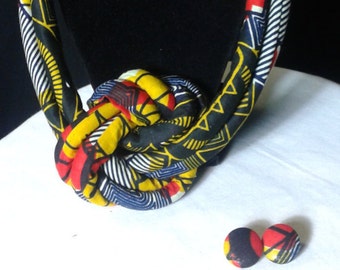 Red & Blue Knotted Necklace - African Jewelry - African Fabric Necklace - Ankara Necklace - Collier Africain - Africa Print Fabric-Tissu Wax
