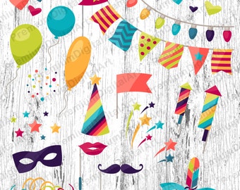 27 Party Supplies clipart, mustache clipart, hat clipart, sunglasses, banner, flags, Carnival mask, Carnival clipart, scrapbooking clipart