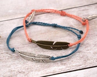 Feather Charm Bracelet, Wax Cord Bracelet, Waterproof Bracelet, Adjustable Friendship, Boho Surfer Bracelet, Stackable Beach Bracelet